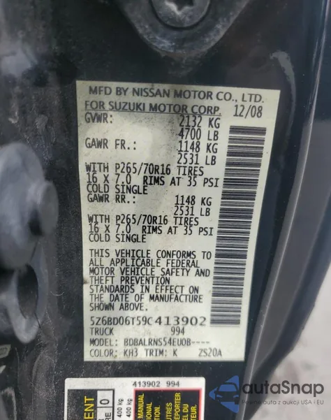 2009 Suzuki Equator Base from USA, damaged, VIN 5Z6BD06T59C413902